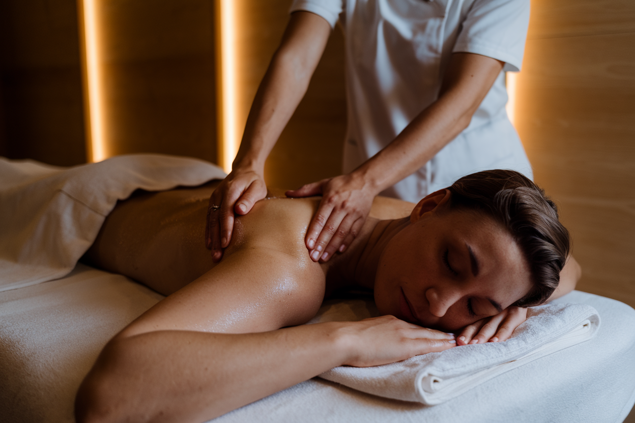 Thai massasje teknikk demonstrasjon med hender og tøyninger